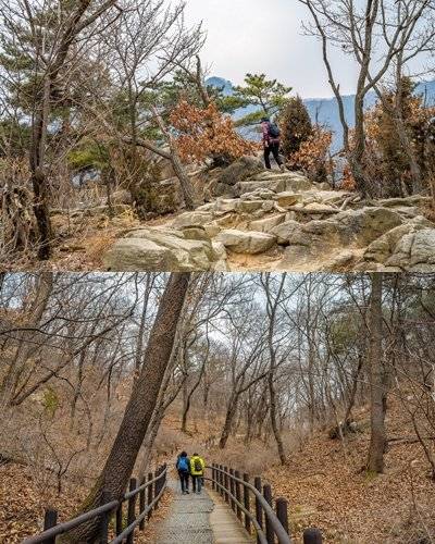 대동문 코스 진달래 능선의 바윗길 구간(위), 둘레길 3코스 휜구름길의 나무 데크로 이어진 숲길