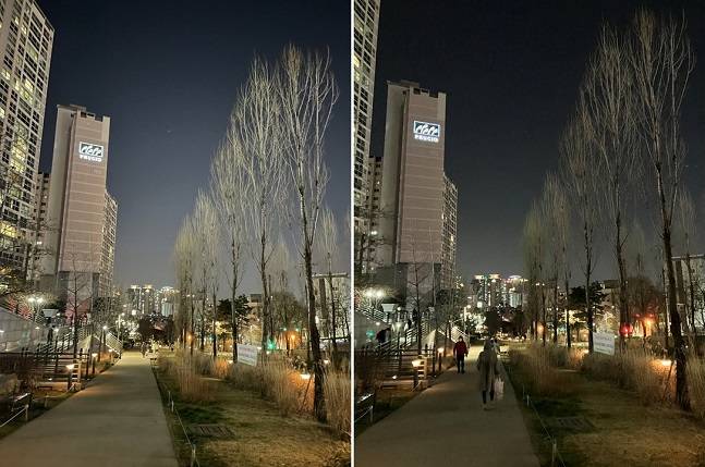 아이폰12프로(왼쪽)와 아이폰SE 3세대로 촬영한 산책로. 왼쪽 사진이 더 밝고 선명하게 찍혔다. / 사진=백유진 기자 byj@