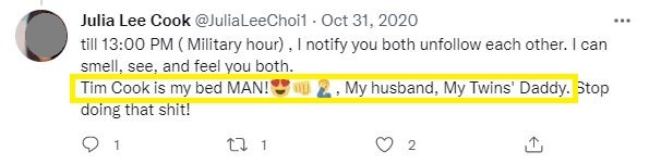 최씨는 2020년 10월 트위터에서 팀 쿡을 남편이자 쌍둥이의 아빠라고 적었다./사진=트위터