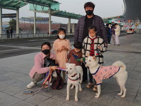 배지수씨 가족이 임시 보호했던 헨리(왼쪽)를 미국으로 보내기 전 공항에서 기념촬영을 하고 있다. 배지수씨 제공