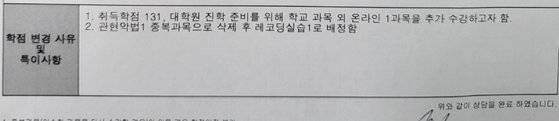 지난해 8월 A씨는 교학입학처 직원과의 상담에서 '취득 학점은 131학점'이라고 안내받았다. [사진 A씨 제공]