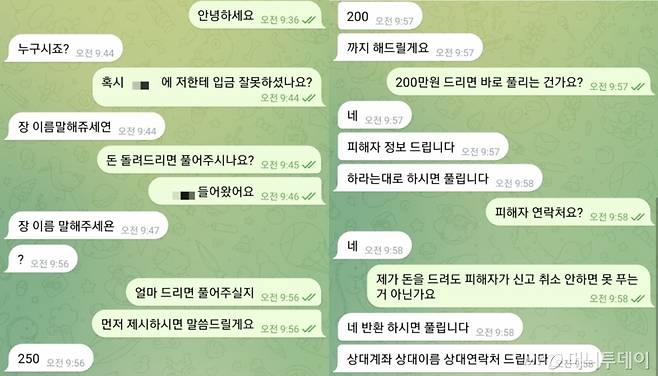 이달 들어 수차례 보이스피싱 피해금을 송금한 통협 일당 B씨와 나눈 텔레그램 메시지. /사진=박수현 기자