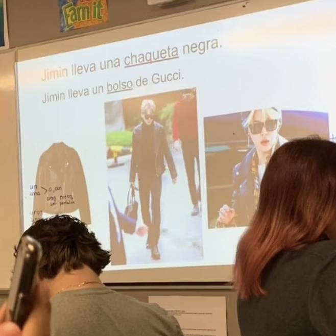 '올블랙' 방탄소년단 지민, 美텍사스주 스페인어 수업 깜짝 등장..GLOBAL IT BOY JIMIN