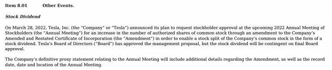 테슬라 액면분할 공시/출처=테슬라