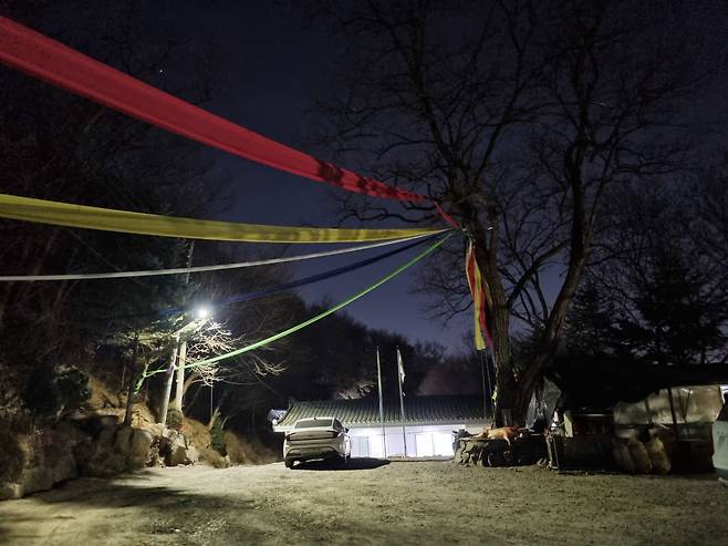 지난 2월 22일 경기 고양시 북한산 밑에 위치한 굿당. 나무에 오방기가 걸려있고, 굿을 마친 후 신에게 바쳐진 돼지가 올려져 있다./윤예원 기자.