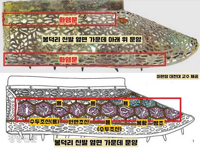 봉덕리 신발의 옆면 문양. 양쪽 옆면 아래 위는 하트 모양의 불꽃무늬(혹은 인동무늬)를 표현했다. 가운데 조성한 육각형의 틀에 봉황·용·인면조(사람 얼굴의 새)·쌍조·길상조 등을 역동적·입체적으로 표현했다. |원광대 마한백제문화연구소·이한상 대전대 교수 제공