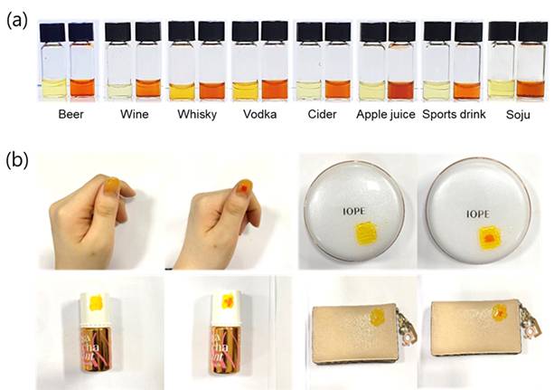 GHB에 따른 BHEI의 색 변화 및 다양한 활용. (a) 다양한 주류 및 음료 속의 BHEI-H가 GBH와 반응 전(노란색)과 반응 후(빨간색) (b) 신체와 다양한 물체에 코팅된 BHEI-H의 GBH와 반응 전(노란색)과 반응 후(빨간색). 사진제공=한국생명공학연구원