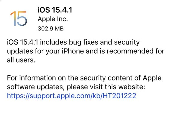 애플이 공지한 iOS 15.4.1 배포 내용. [애플 제공]