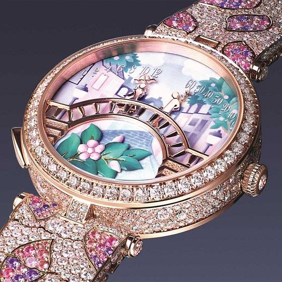 정오와 자정에 연인들이 만나도록 설계된 반클리프 아펠의 '사랑의 다리' 시계. 계절에 따라 네 가지 버전이 있다. 사진은 '봄'의 시계. [사진 반클리프 아펠]