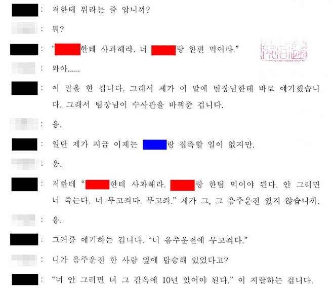 CBS노컷뉴스가 입수한 지난해 10월 A하사와 F상사 대화 녹취록. 모자이크는 F상사, 검은색은 A하사, 빨간색은 B중사, 파란색은 C준위다.