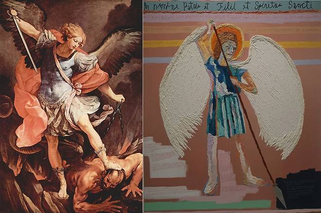 이탈리아의 초기 바로크 작가 귀도 레니가 그린 '대천사 미카엘(Archangel Michael, c.1636)'과 우국원의 '대천사(Archangel, 2019)'. 우국원은 전통적인 미카엘 도상에 동화 같은 상상력을 더했다. 이 작품은 1월 서울옥션 경매에서 1억2000만원에 낙찰됐다. /위키커먼스, 노자운 기자