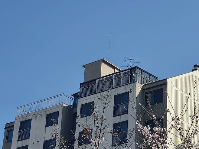지난 7일 서울 동대문구 장안동의 한 아파트. 꼭대기층 세대주가 옥상에 유리가벽으로 방 2개를 만들어 임대하고 있다. 왼쪽 테라스가 기존의 정상적인 모습이다. /노수아 기자