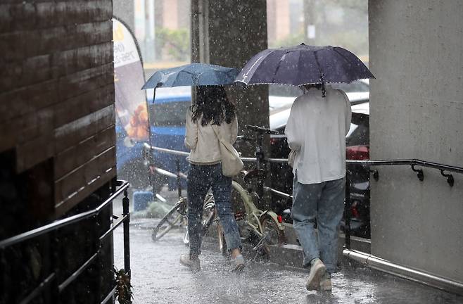 13일 오후 제주시 한림읍 협재해수욕장 인근 도로에서 시민들이 비를 피해 이동하고 있다. /뉴스1