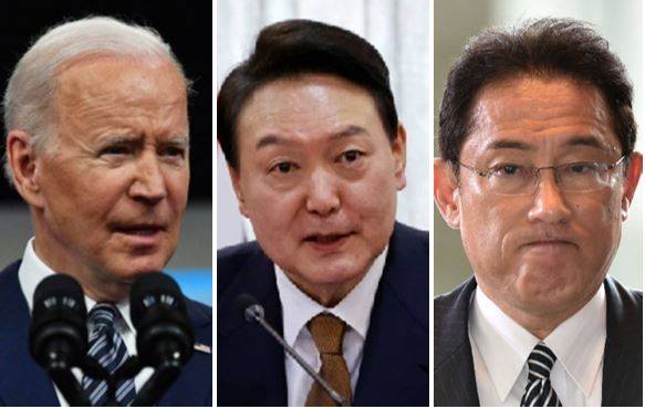 (왼쪽부터)조 바이든 미국 대통령, 윤석열 한국 대통령 당선인, 기시다 후미오 일본 총리/사진=AFP, 인수위사진기자단