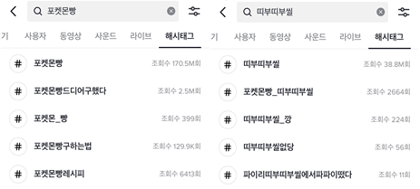 13일 틱톡의 ‘포켓몬빵’, ‘띠부띠부씰’의 해시태그 조회수.