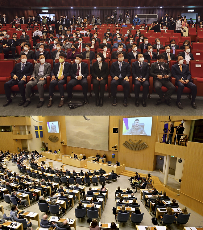 한국 국회의원이 누리는 특권은 세계적이다. 어디 가나 왕 대접을 받는다. 반면 스웨덴 국회의원은 특권이 거의 없다. 그냥 동네 아줌마, 아저씨들이다. 그런데 젤렌스키의 호소를 듣는 자세는 이렇게 다르다. 한국은 국회의원의 6분의 1이 참석했지만 스웨덴은 국회의원 거의 모두가 참석했다.