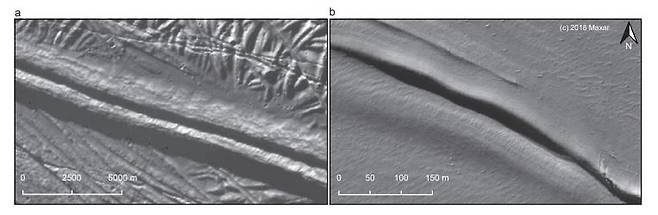 유로파 표면의 '이중 융기'(double ridges. 왼쪽) 구조와 지구 그린란드의 이중 융기 구조 비교. [Nature Communications 논문 캡처. 재판매 및 DB 금지]