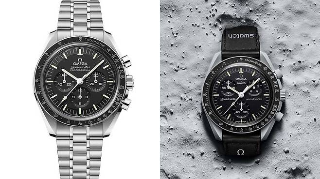 940만원에 판매되는 오메가 문워치 프로페셔널(왼쪽), 33만원에 출시된 오메가와 스와치가 협업한 '문스와치'. /오메가, 스와치 홈페이지