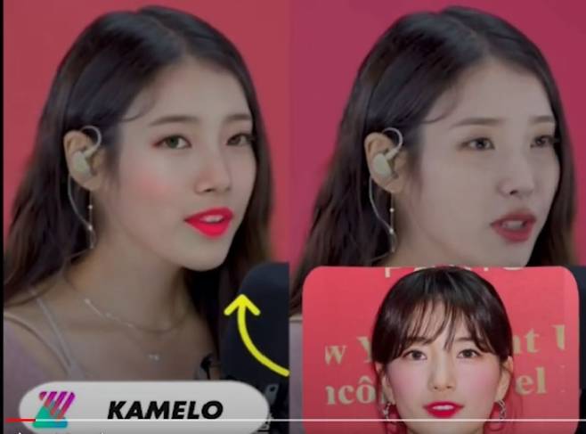 '카멜로'는 동영상에 다른 사람의 얼굴을 얹어 바꿀 수 있는 스마트폰 앱이다. 사진 오른쪽의 원래 동영상에 사진 아래의 얼굴을 합성하면 사진 왼쪽의 영상이 나온다./한서대학교 유튜브