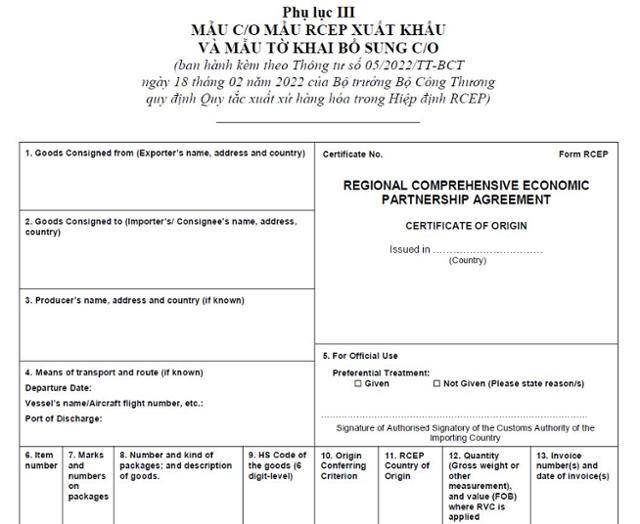 베트남이 발급하는 RCEP 원산지 증명서(certificate of originㆍCO) 양식. 해당 서류 상단에 'From RCEP'이라는 문구가 명시돼 있다. 월드와이드 로지스틱스 제공