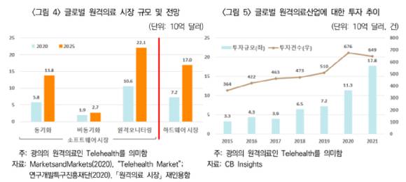 글로벌 원격의료 시장 규모 및 전망, 투자 추이 [사진=보험연구원]