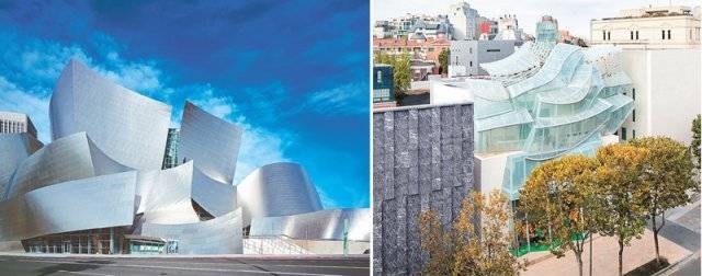 게리가 설계한 미국 로스앤젤레스 월트디즈니 콘서트홀(2003년·왼쪽 사진)과 서울 강남구 청담동의 ‘루이비통 메종 서울’(2019년). 무거운 작품을 종이처럼 가볍게 표현한 건축으로 유명하다. 사진 출처 위키피디아·웹진 아키데일리