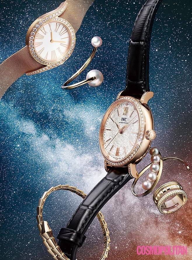 (위부터)32mm 핑크 골드 케이스에 62개 브릴리언트컷 다이아몬드를 파베 세팅한 라임라이트 갈라 워치 가격미정 피아제. 옐로 골드 소재 곡선 끝에 아코야 진주가 장식된 어 파인 밸런스 이어링 가격미정 타사키. 34mm 레드 골드 케이스에 104개 다이아몬드를 세팅한 블랙 레더 스트랩의 포르토피노 오토매틱 34 2천4백45만원 IWC. 옐로 골드 소재의 곡선 위로 아코야 진주가 5개 장식된 어 파인 밸런스 이어링 가격미정 타사키. 옐로 골드 소재 콰트로 레디언트 에디션 링 4백만원대 부쉐론. 옐로 골드 소재 세르펜티 바이퍼 1코일 브레이슬릿 7백만원대 불가리.