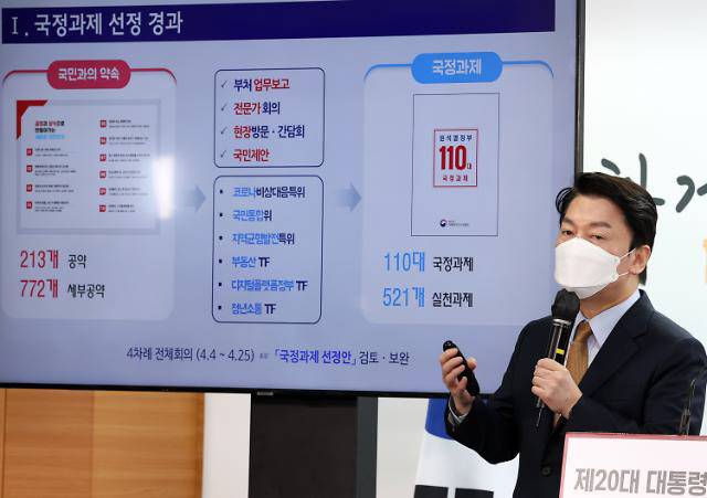 안철수 대통령직인수위원장이 3일 오전 서울 종로구 통의동 인수위에서 윤석열 정부의 110대 국정과제를 발표하고 있다. [사진 = 연합뉴스]