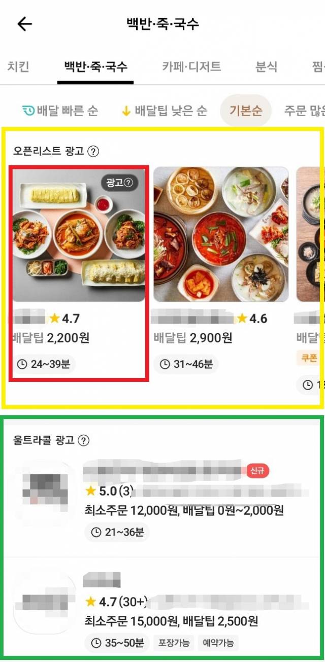배달의민족 '배달' 카테고리의 광고 노출화면으로, 상단에 오픈리스트 광고 영역(노란색 표시)과 하단에 울트라콜 광고 영역(초록색 표시)가 나뉘어 있다. 오픈리스트 중 '우리가게클릭' 광고 상품을 이용할 경우 첫 번째에 노출(빨간색 표시)된다./배민앱이용화면캡처