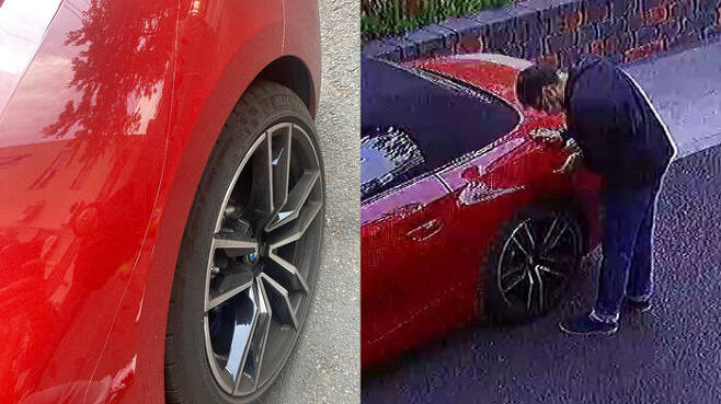(왼쪽) 차주 A 씨의 차량이 훼손된 모습. (왼쪽) A 씨의 차량을 훼손하는 남성의 모습. (오른쪽) / (사진=온라인 커뮤니티)   (사진=온라인 커뮤니티)