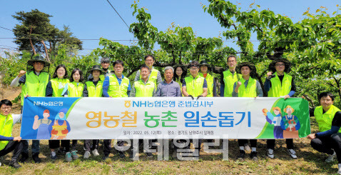 NH농협은행 준법감시부문 홍명종 준법감시인(왼쪽 6번째)과 직원들이 12일 경기 남양주시 소재 농가에서 일손돕기 활동 전에 기념촬영을 했다.(사진=농협은행)