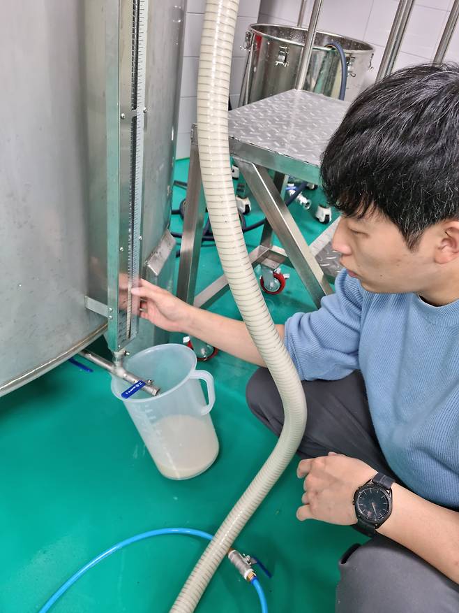 홀리워터컴퍼니 직원 김현수씨가 발효가 끝난 막걸리에 대한 품질 평가를 위해 술 일부를 따르고 있다. /박순욱 기자