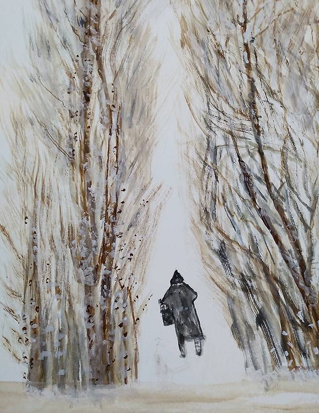 어딘지 쓸쓸해 보이는 겨울 나무와 나그네를 그린 〈도롯가 위의 겨울나무〉.