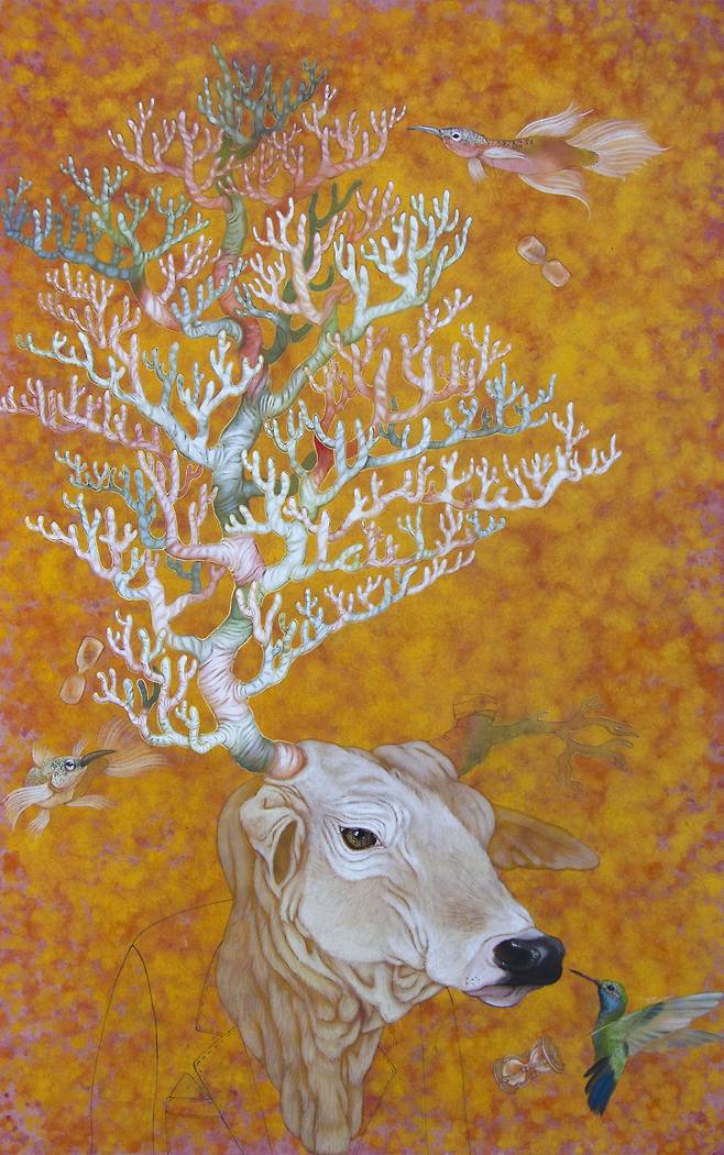 ▲ 이상과 현실의 괴리감, 60.6cm * 130.0cm, 광목에 수간채색, 2021