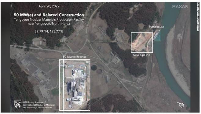 북한이 영변 핵시설에서 50MW급 원자로 건설을 재개한 징후가 포착된 상업위성 업체 맥사의 위성사진./CNN 캡처