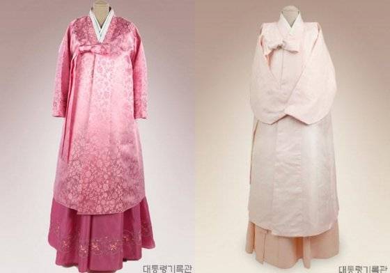 왼쪽은 김영삼 전 대통령 부인 손명순 여사가, 오른쪽은 김대중 전 대통령 부인 이희호 여사가 취임식에서 입은 한복이다. [사진 대통령기록관]