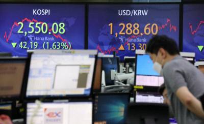 지난 12일 명동 하나은행 본점 딜링룸에 이날 코스피와 원·달러 환율 종가가 표시돼 있다. 박민규 선임기자