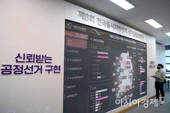 제8회 전국동시지방선거가 20일 앞으로 다가온 12일 경기 과천시 중앙선거관리위원회 선거종합상황실에서 직원들이 업무를 보고 있다. /문호남 기자 munonam@