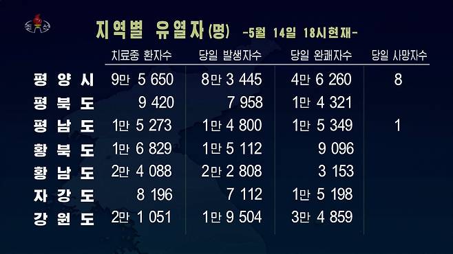 북한 국가비상방역사령부 관계자인 류영철은 16일 조선중앙TV에 출연해 14일 오후 6시 현재 각 지역의 코로나 확진자와 발열자 수를 상세히 소개했다. 평양시내 확진자는 42명으로, 7개 직할시 및 도 전체 확진자 168명 중 25%에 해당한다. 평양의 유증상자는 14일 하루동안에만 8만3445명으로, 13개 직할시 및 도 가운데서 압도적으로 많았다. 황해남도 2만2808명을 제외한 나머지 지역은 1만명대 미만이었다. /연합뉴스