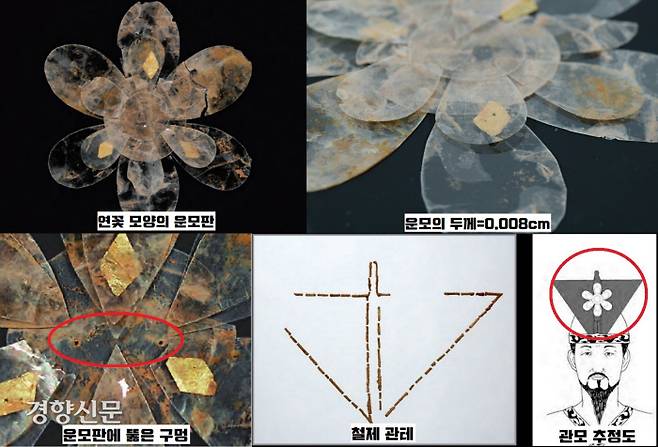 출토된 연꽃 모양의 백운모판. 연잎 사이에 마름모꼴 금박을 넣어 장식했다. 각각의 연잎을 따로 만들고, 중심은 둥근 원형판인 겹친 형태다. 운모판의 두께는 0.008㎝에 불과하다. 연꽃모양의 운모판은 관모 장식 테 중앙부에 얹혀진 상태였다. 운모판 가운데는 작은 구멍이 뚫려 있었다. 이 구멍에 끈을 연결해서 관모에 장식했던 게 분명하다. |국립문화재연구소 제공