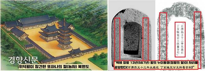 위덕왕은 왕흥사에 앞서 또하나의 사찰을 세운다. 그것이 부왕(성왕)이 묻힌 무덤 주변인 능산리에 세운 사찰(능사)이다. 1995년 능사의 목탑지 밑에서 ‘백제 창왕(위덕왕)의 누이동생이 567년 사리를 공양한다’는 글자가 새겨진 ‘석조사리감’이 발견됐다.