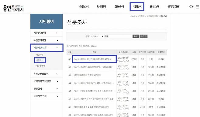 사진=용인시 2023년도 예산편성 시민 설문조사 접속 방법/사진제공=용인시