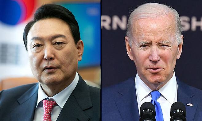 윤석열 대통령 당선인(왼쪽), 조 바이든 미국 대통령. 연합뉴스