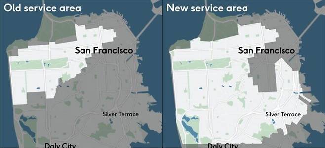 지엠 크루즈는 최근 로보택시 운행 구역을 샌프란시스코 전체의 70%로 넓혔다. 왼쪽은 이전 서비스 구역, 오른쪽은 새로 확장된 서비스 구역. 크루즈 제공
