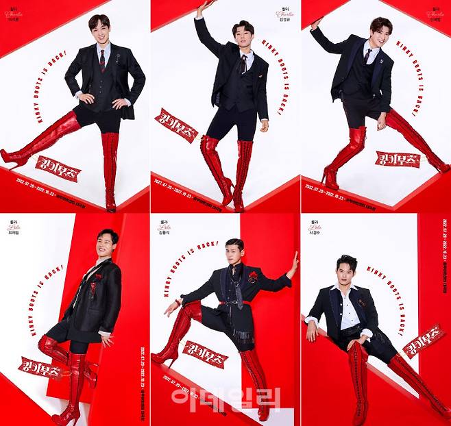 뮤지컬 ‘킹키부츠’에서 찰리 역을 맡은 배우 이석훈(상단 왼쪽부터), 김성규, 신재범, 롤라 역의 배우 최재림(하단 왼쪽부터), 강홍석, 서경수. (사진=CJ ENM)