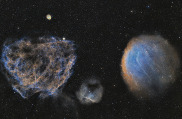 김현석 씨의 '별의 죽음이 주는 아름다움'. 본 사진은 초신성 폭발의 잔해인 SH2-221(좌측)과 지구에서 두번째로 가까운 행성상 성운인 SH2-216(우측)을 밀양 가지산에서 촬영한 사진. 모두 별이 생을 마감하며 나타나는 천문현상으로 전자는 매우 무거운 별, 후자는 가벼운 별의 소멸 흔적이다. 좌측 사진은 솜사탕, 우측 사진은 알사탕이라는 애칭을 붙임. 천문연 제공