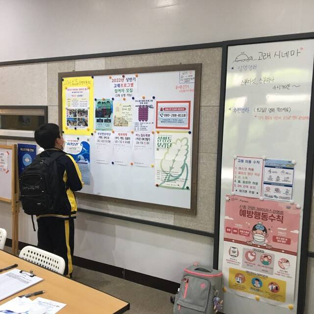 한 학생이 게시판에서 청소년센터 고래의 프로그램을 살펴보고 있다. 완주군 제공