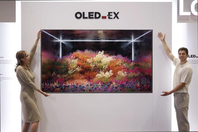 LG디스플레이 모델이 SID 2022 전시회에 공개된 97인치 OLED를 소개하고 있다. LG디스플레이 제공