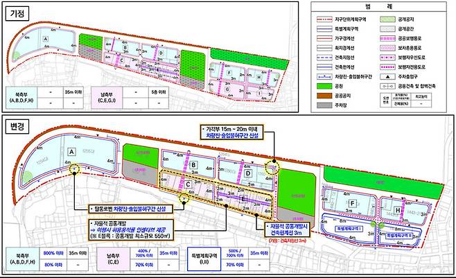 변경된 탑동도시설계지구 도시관리계획 결정도. 변경 전(윗쪽)과 변경 후(아랫쪽).,