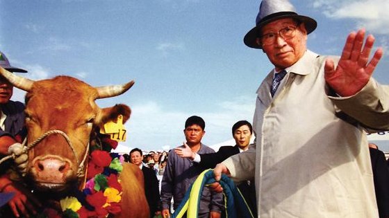 1998년 6월 고 정주영(오른쪽) 현대그룹 명예회장이 소떼를 몰고 방북할 때의 모습. 중앙포토